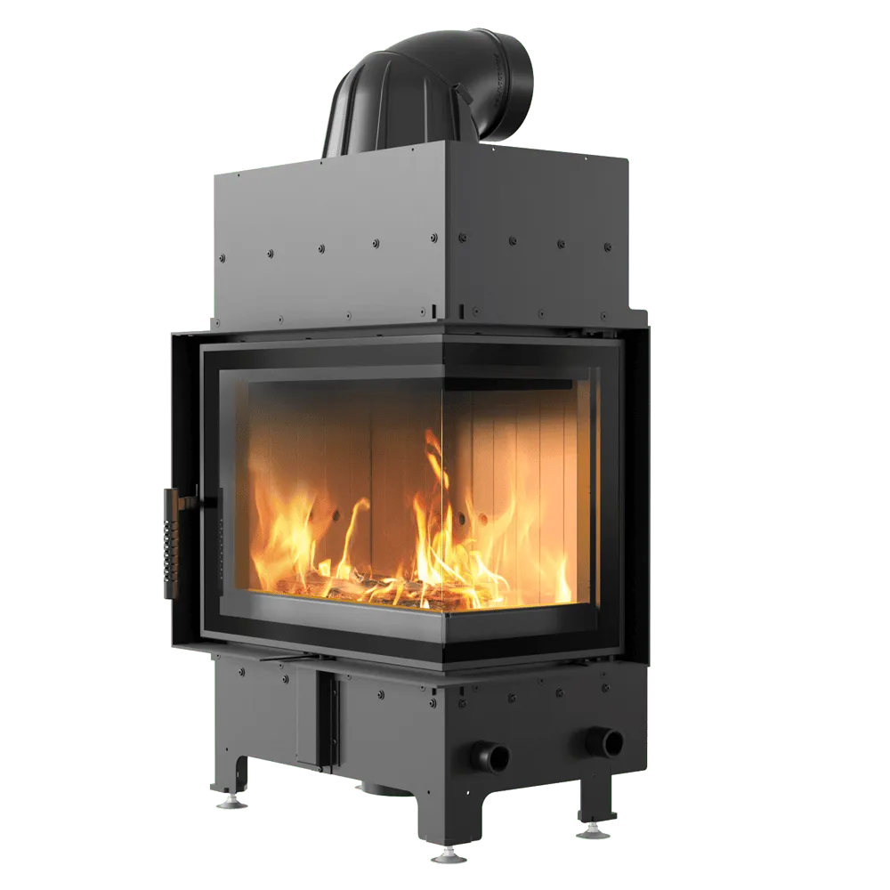 Kratki Floki S 8 kW Rechts houtkachel met brandend vuur, moderne en strakke vormgeving.