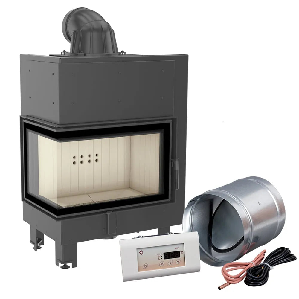 Kratki MBM Links haard met accessoires, inclusief bedieningspaneel en ventilatiebuis.