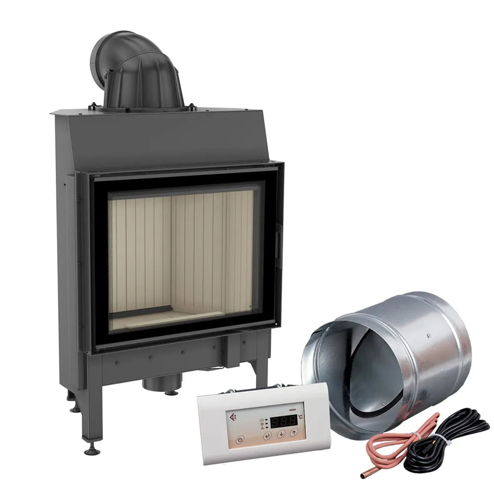 Kratki Nadia 10 kW houtkachel met accessoires, inclusief bedieningspaneel en ventilatieonderdelen.