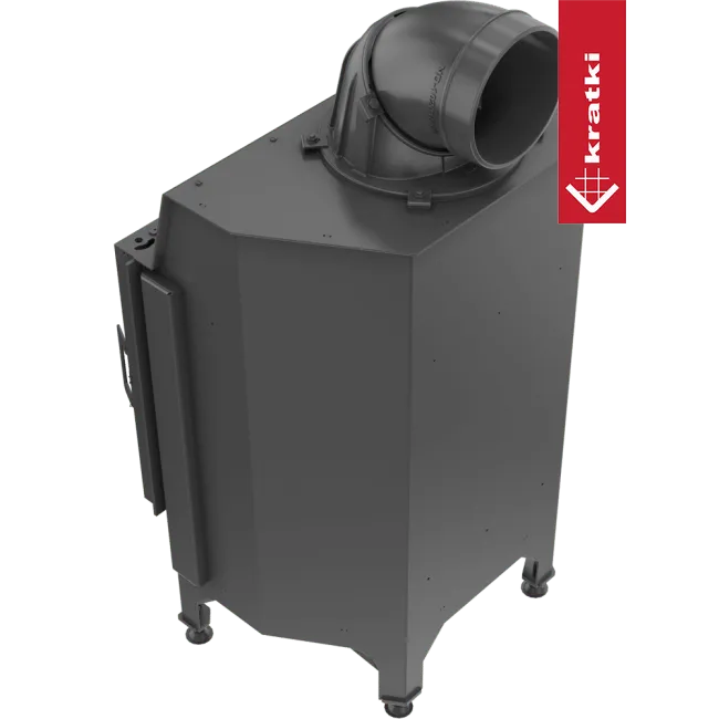 Kratki Nadia 10 kW houtkachel met modern, zwart ontwerp en bovenste rookafvoer.