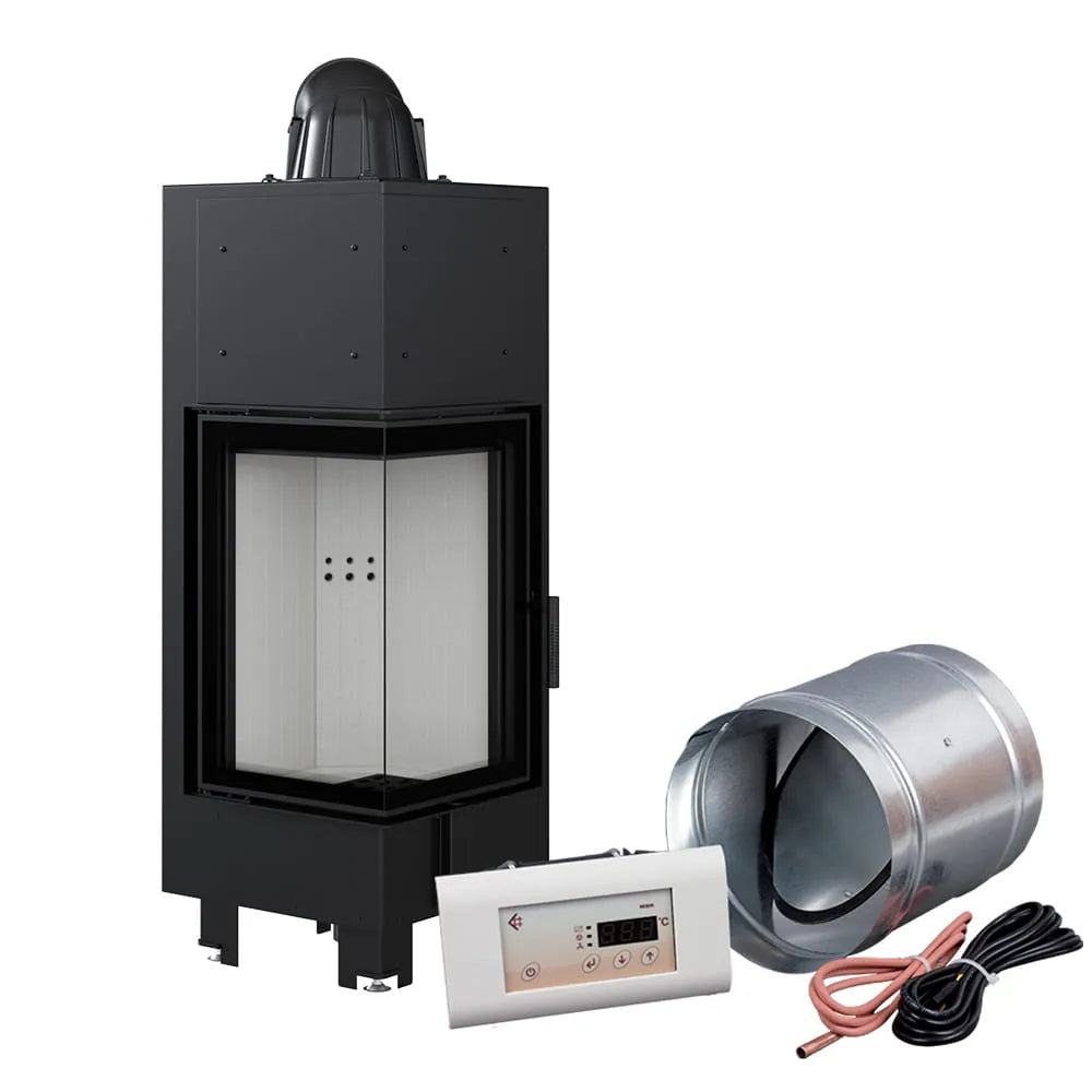 Kratki MBN 680 Links haard met accessoires, inclusief bedieningspaneel en ventilatiebuis.