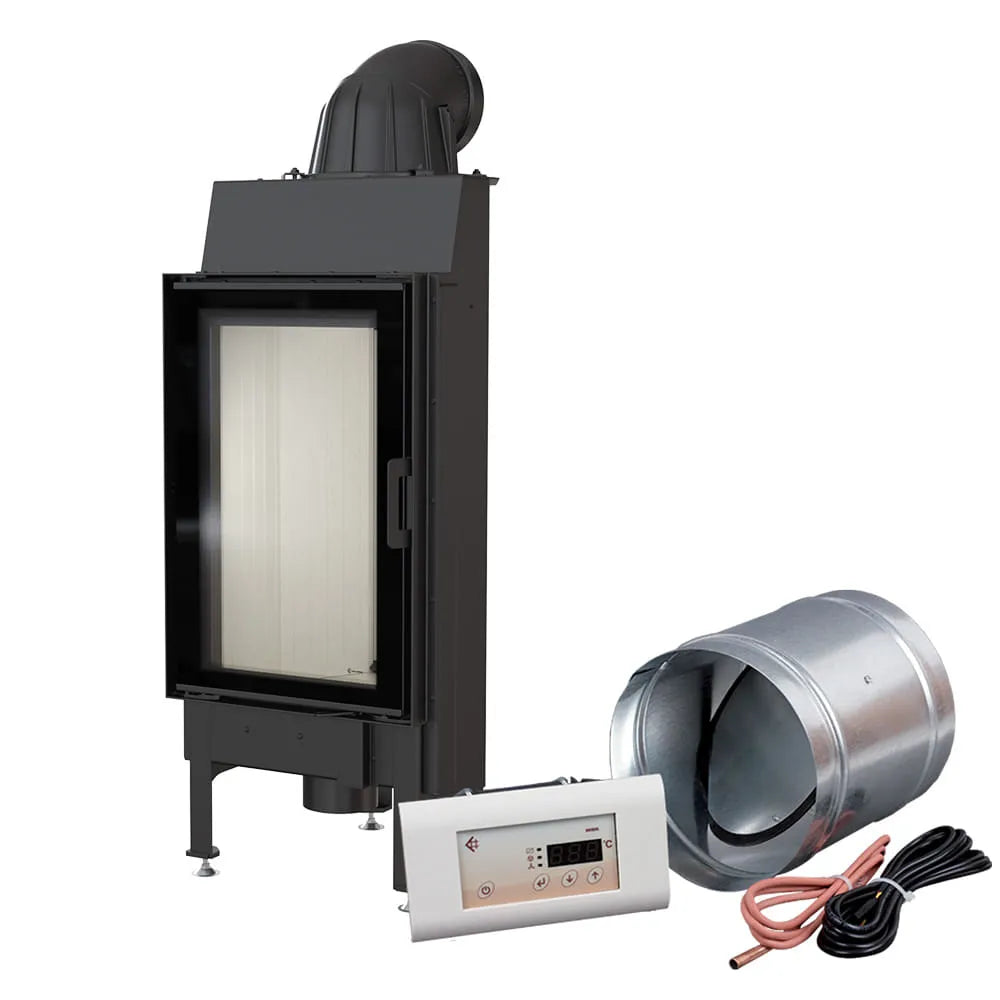 Kratki Nadia 9 kW houtkachel met bedieningspaneel en ventilatiebuis.