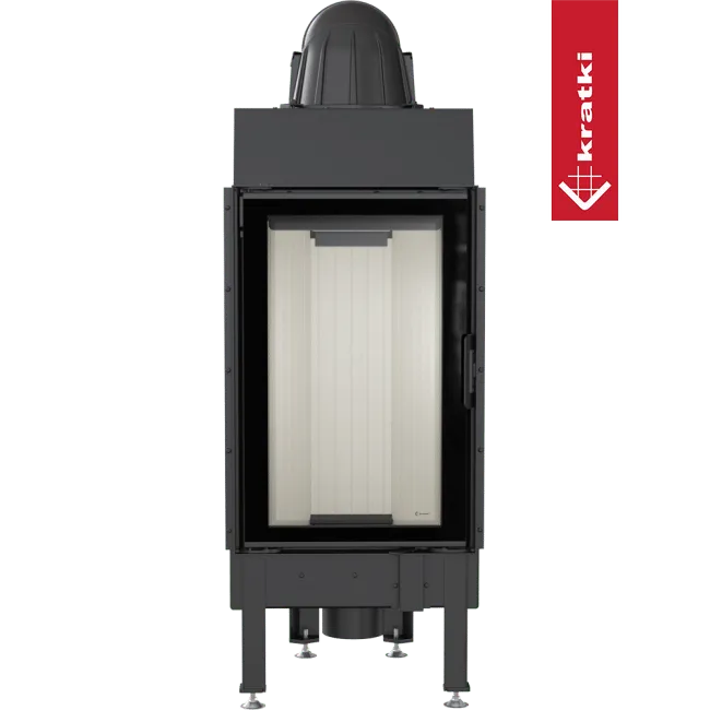 Kratki Nadia 9 kW houtkachel met glazen deur en zwart metalen behuizing.