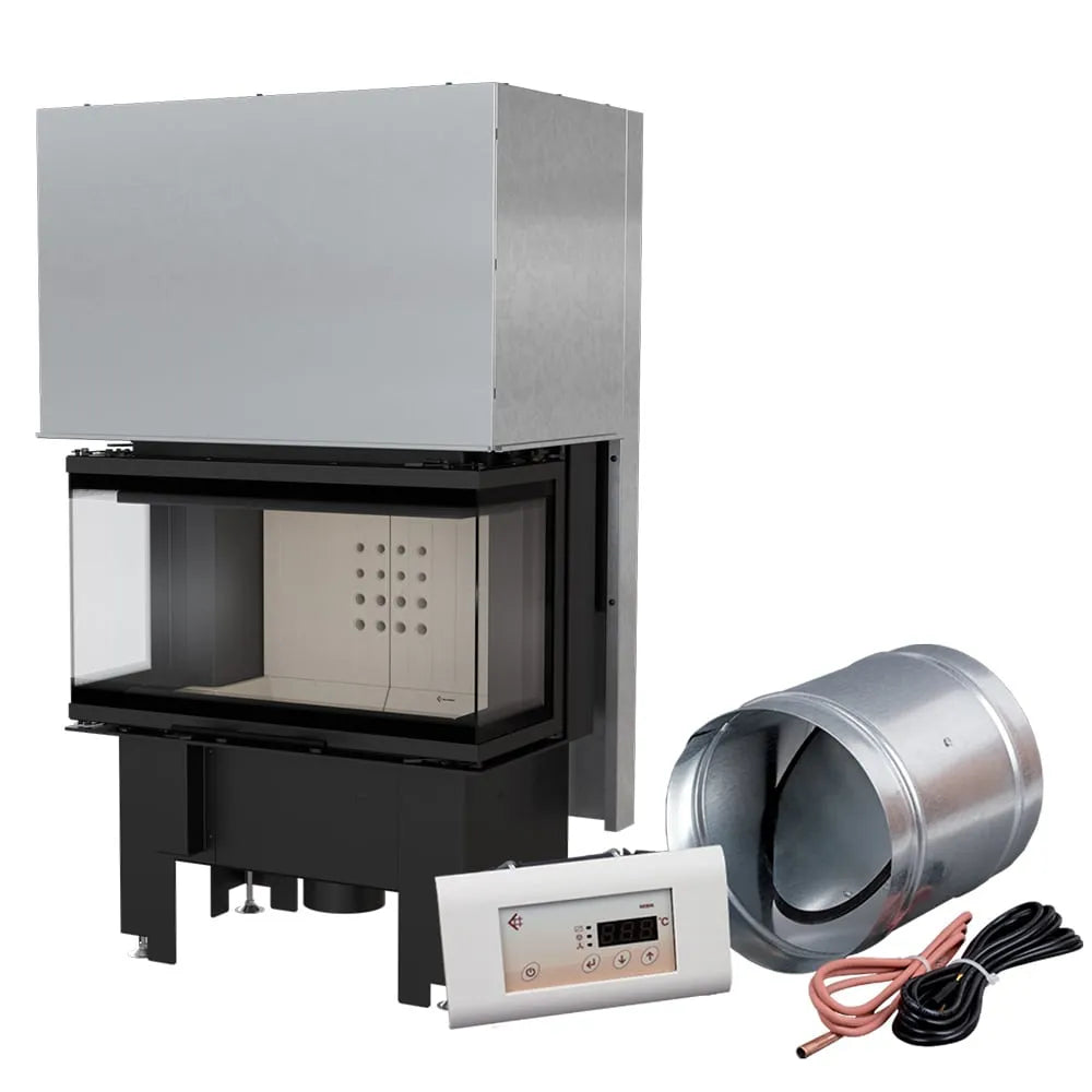 Kratki NBC 680/280 inbouwhaard met accessoires, inclusief bedieningspaneel en ventilatiebuis.