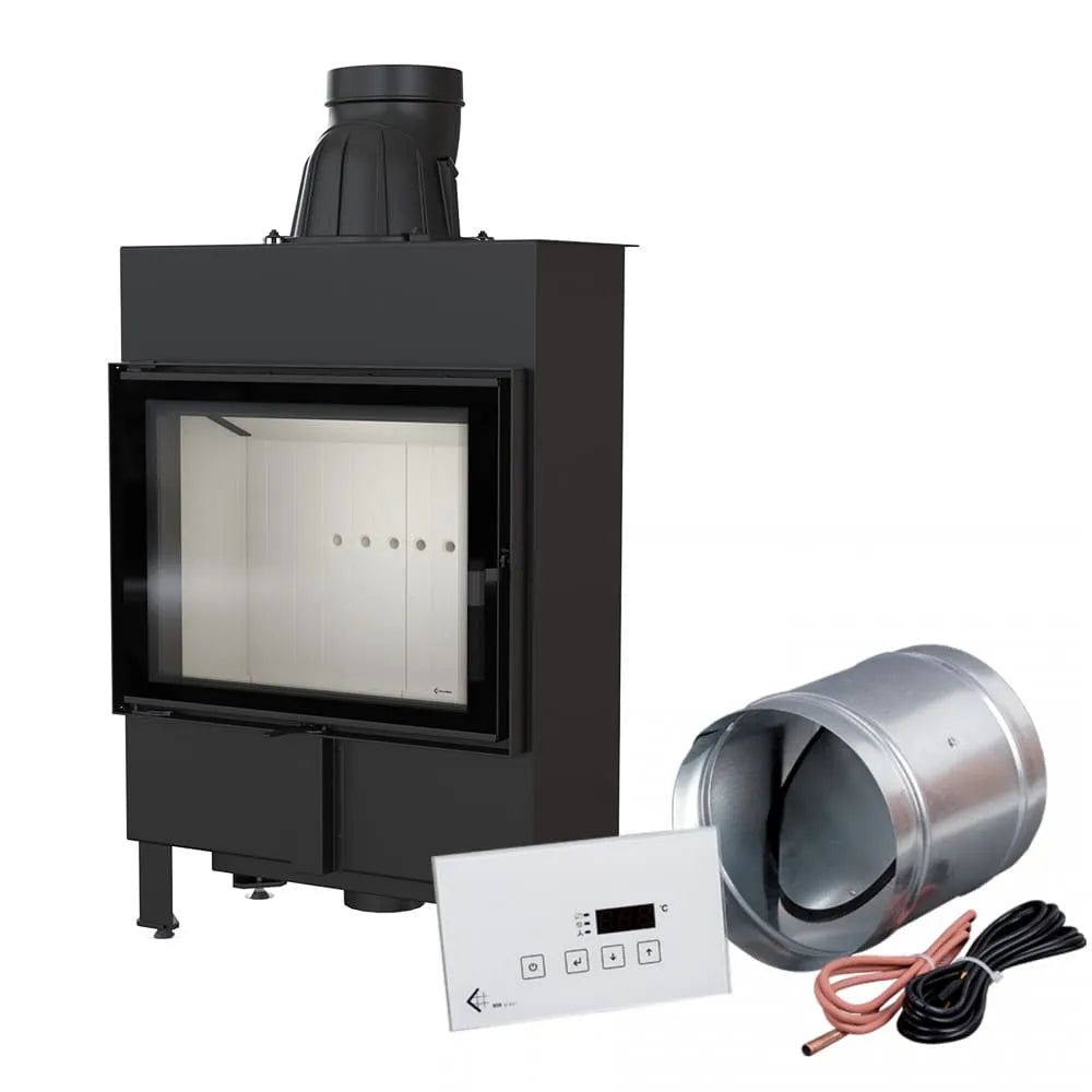 Kratki Lucy 12 kW Slim houtkachel met glazen deur, bedieningspaneel en ventilatie-accessoires.