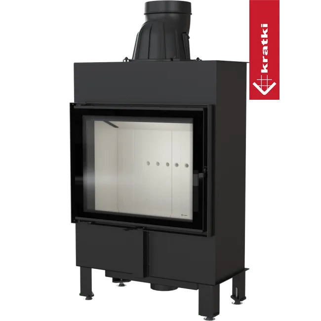 Kratki Lucy 12 kW Slim, moderne zwarte houtkachel met glazen deur en bovenste rookafvoer.