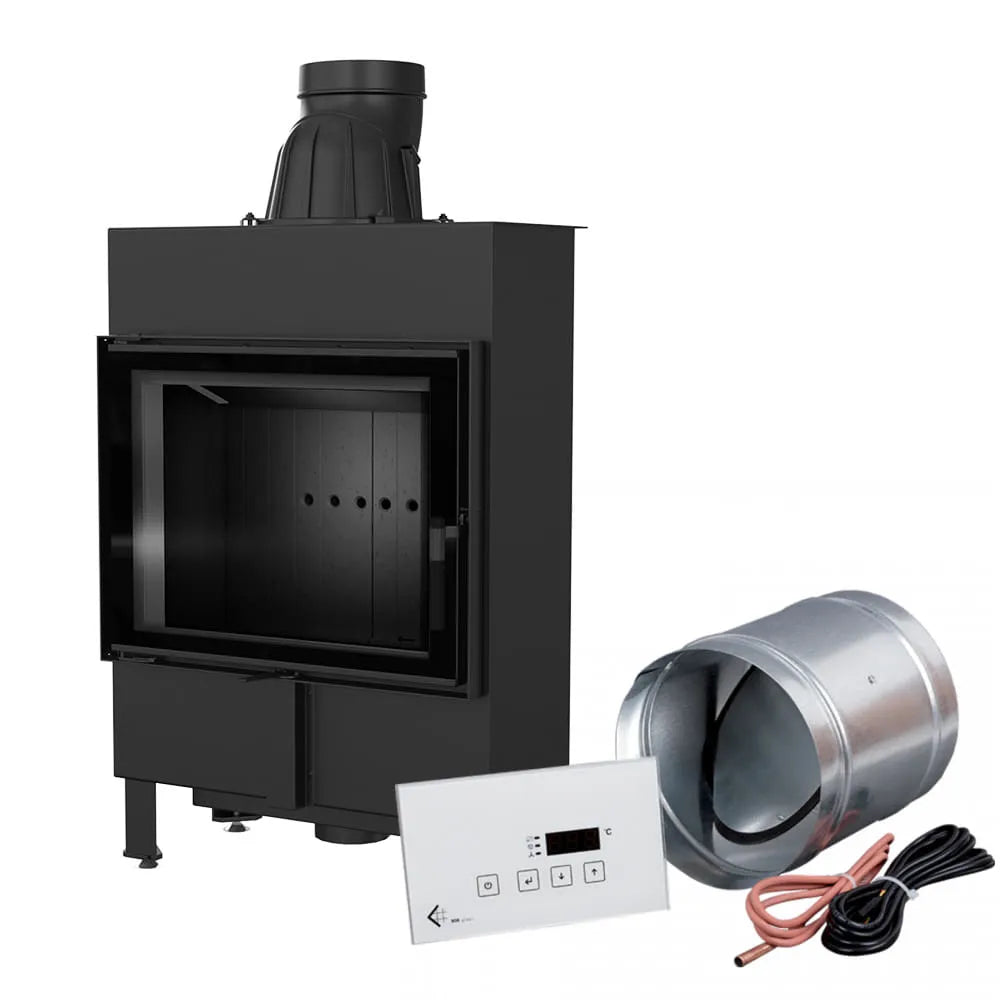 Kratki Lucy 12 kW Slim houtkachel met bedieningspaneel en ventilatie-accessoires.