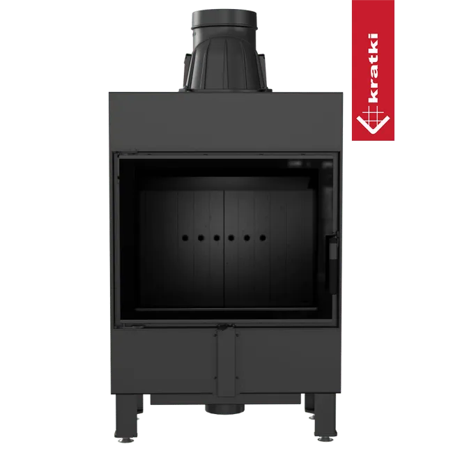 Kratki Lucy 12 kW Slim, moderne zwarte houtkachel met glazen deur en strak ontwerp.