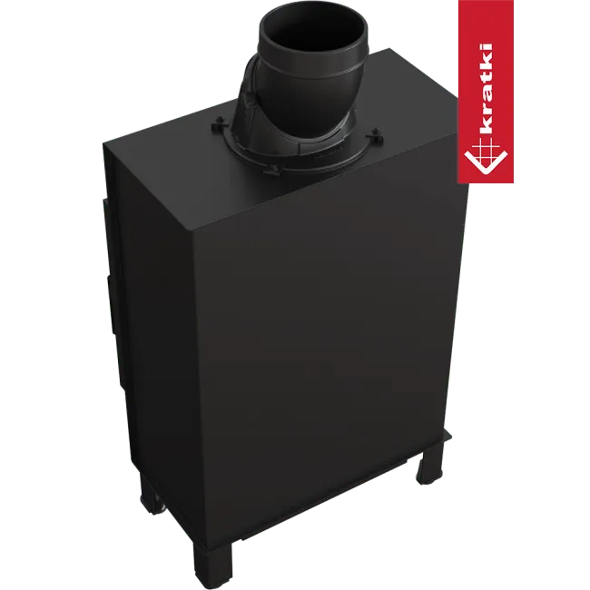 Zwarte Kratki Lucy 12 kW Slim houtkachel met bovenafvoer en strak, modern ontwerp.
