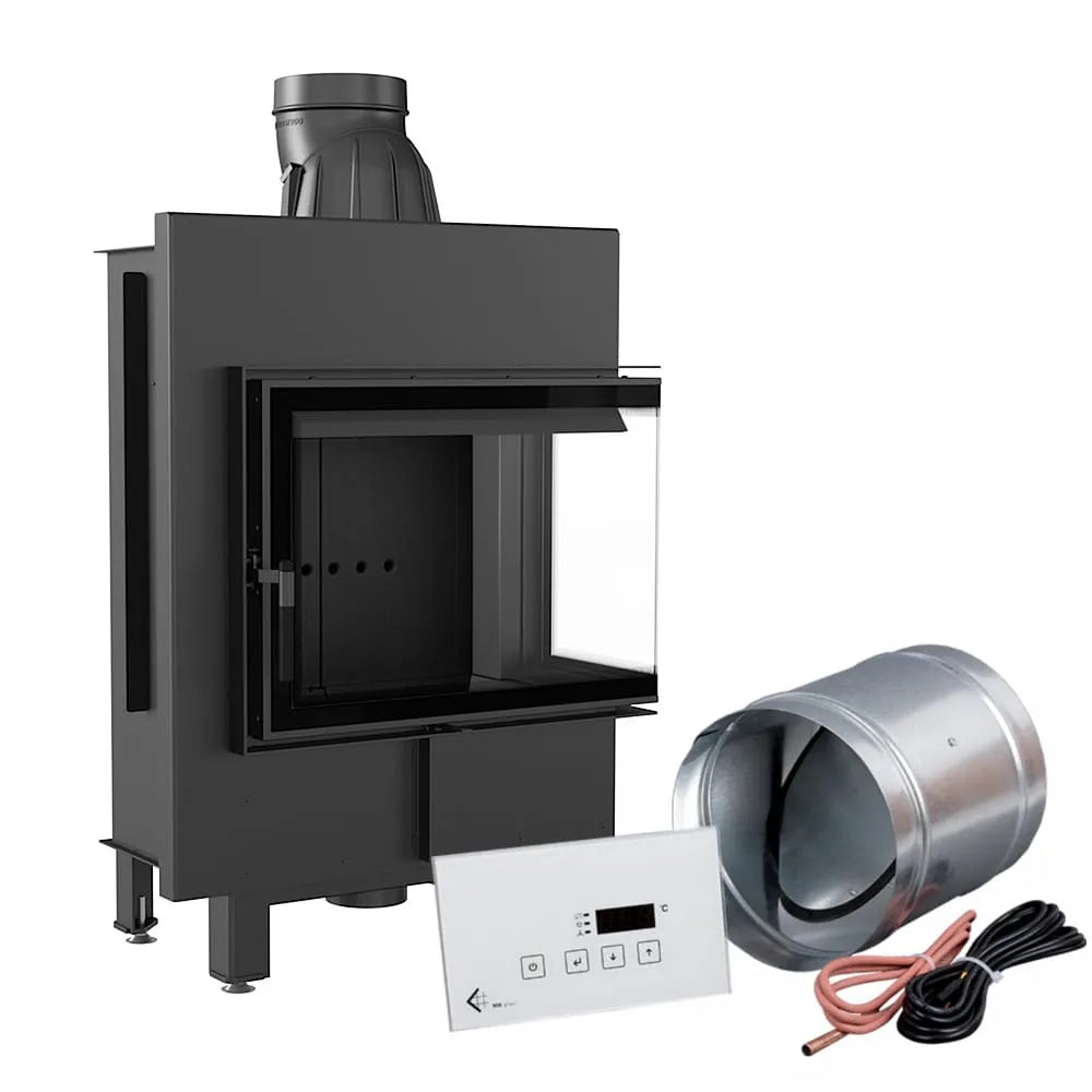 Kratki Lucy 12 kW Slim Rechts haard met bedieningspaneel en ventilatie-accessoires.