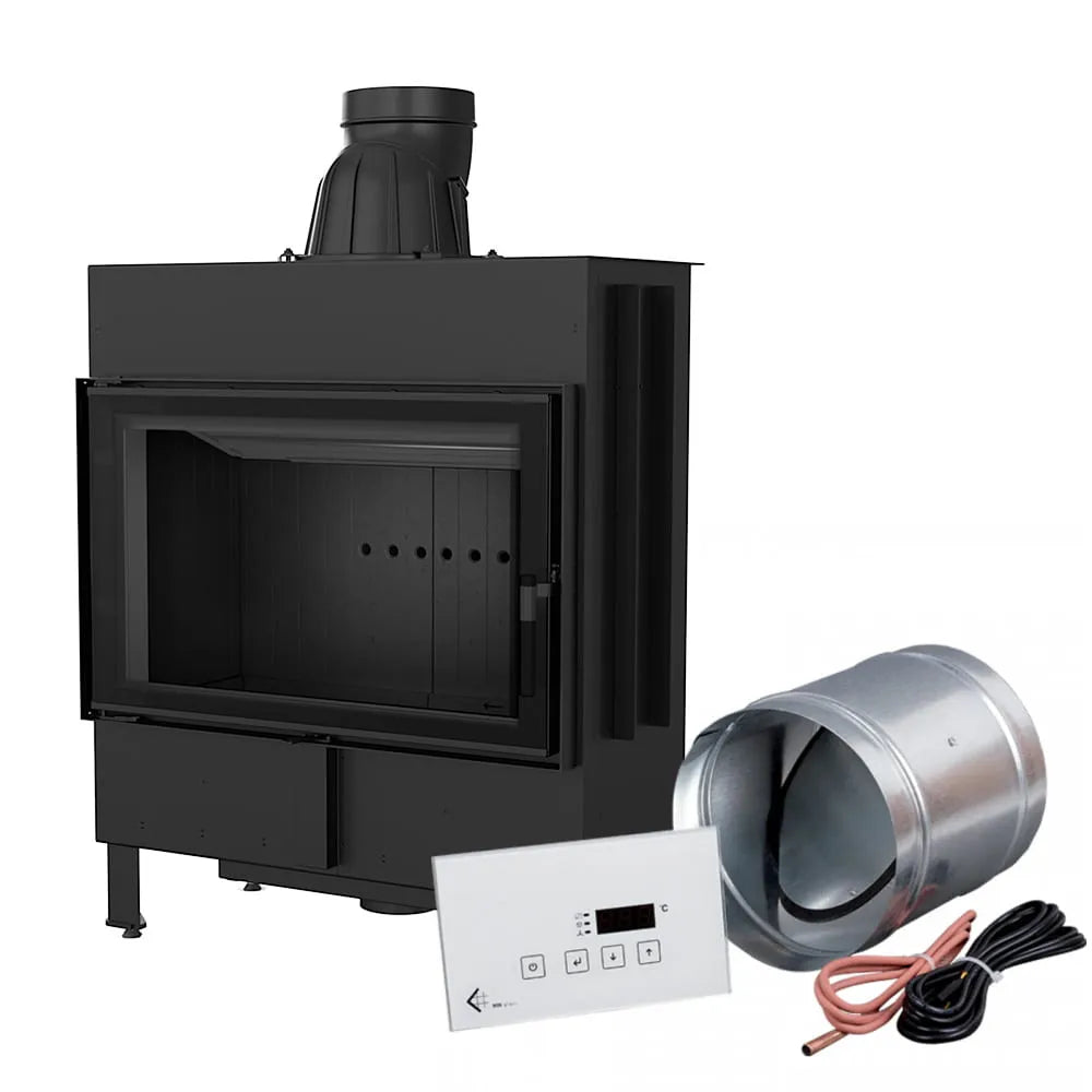 Kratki Lucy 14 kW houtkachel met bedieningspaneel en ventilatie-accessoires.