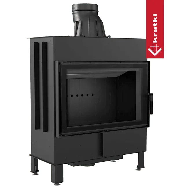 Zwarte Kratki Lucy 14 kW houtkachel met glazen deur en bovenste rookafvoer.