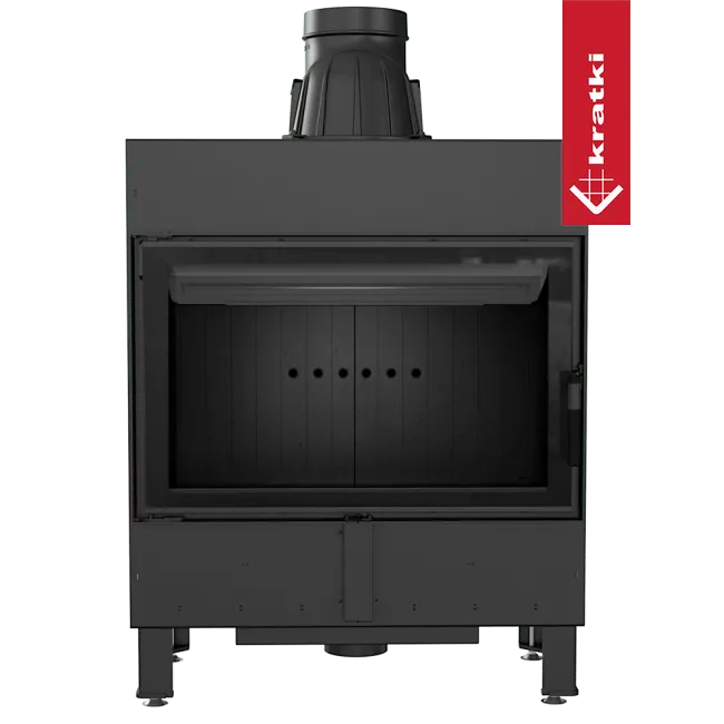 Zwarte Kratki Lucy 14 kW houtkachel met glazen deur en bovenste rookafvoer.