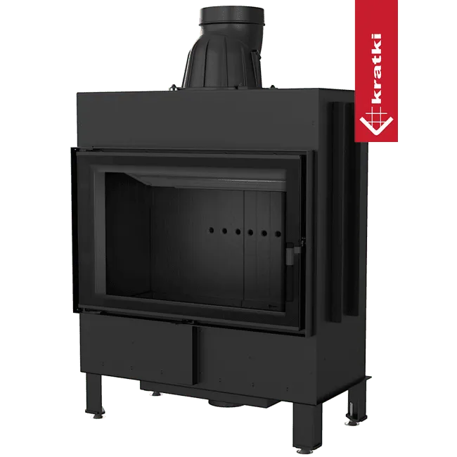 Zwarte Kratki Lucy 14 kW houtkachel met glazen deur en bovenste rookafvoer.