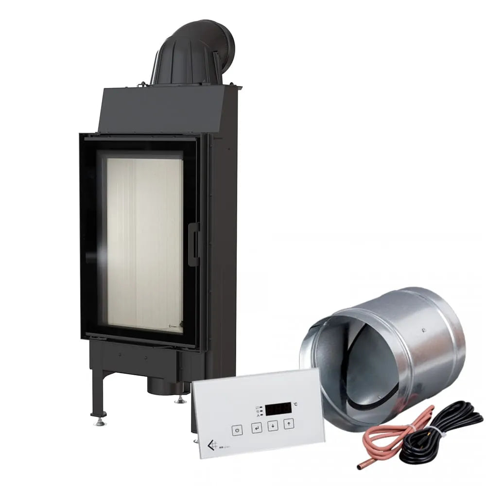 Kratki Nadia 9 kW houtkachel met bedieningspaneel, ventilatiebuis en kabels.