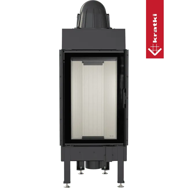 Zwarte Kratki Nadia 9 kW houtkachel met glazen deur en metalen frame.