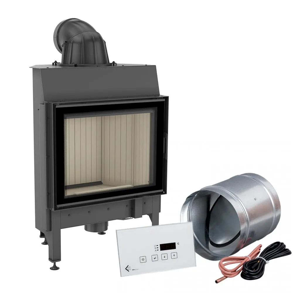 Kratki Nadia 10 kW houtkachel met glazen deur, bedieningspaneel en ventilatie-accessoires.
