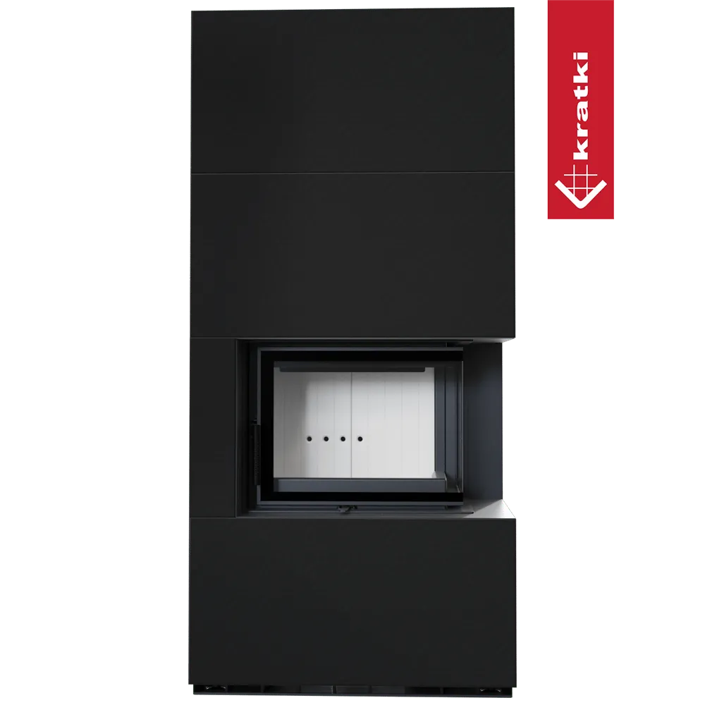 Zwarte Kratki Floki S 8 kW Rechts houtkachel met glazen deur en strak design.
