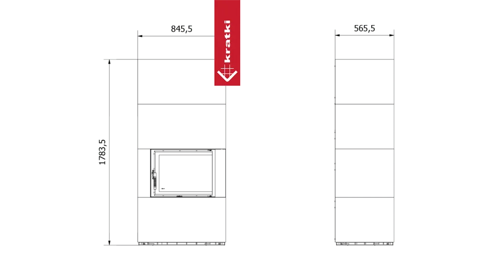 Technische tekening van Kratki Floki S 8 kW Rechts met afmetingen.
