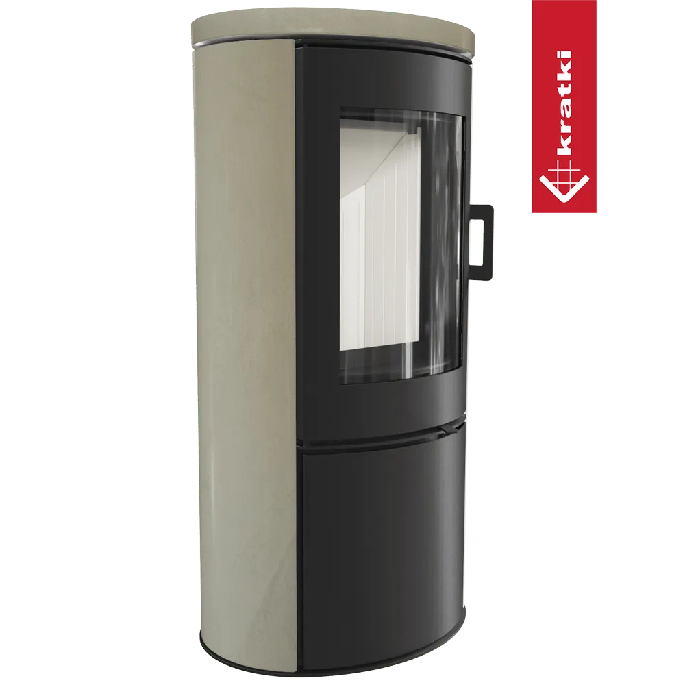 Kratki AB DR Eco houtkachel met glazen deur en beige zijpanelen.