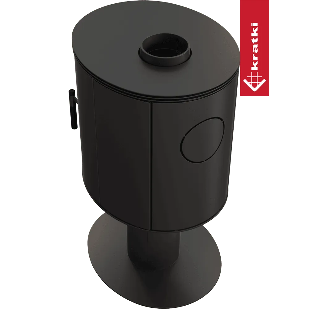 Zwarte, ovale Kratki Orbit houtkachel met een modern ontwerp en een stevige voet.