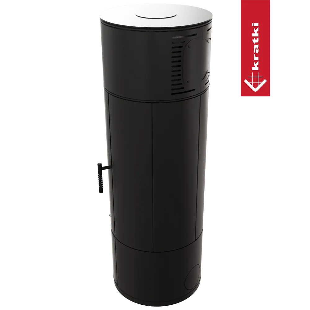 Zwarte, cilindervormige houtkachel Kratki Antares met minimalistisch ontwerp en zijhandvat.