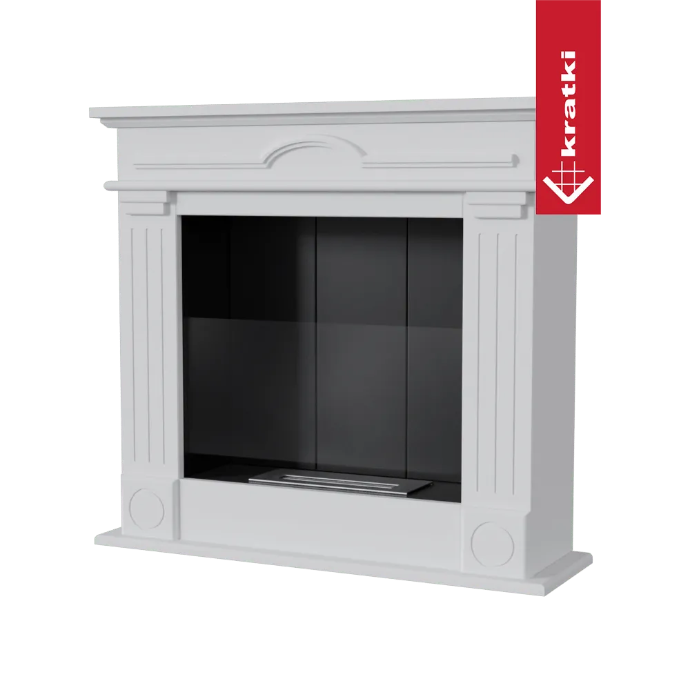 Witte klassieke open haard Kratki December Rechts TÜV met zwarte binnenkant en decoratieve zuilen.