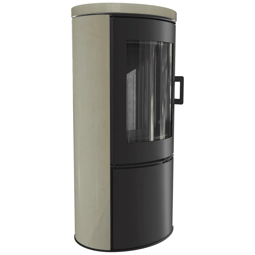 Moderne, zwarte Kratki AB DR Eco houtkachel met gebogen glazen deur en beige zijpanelen.