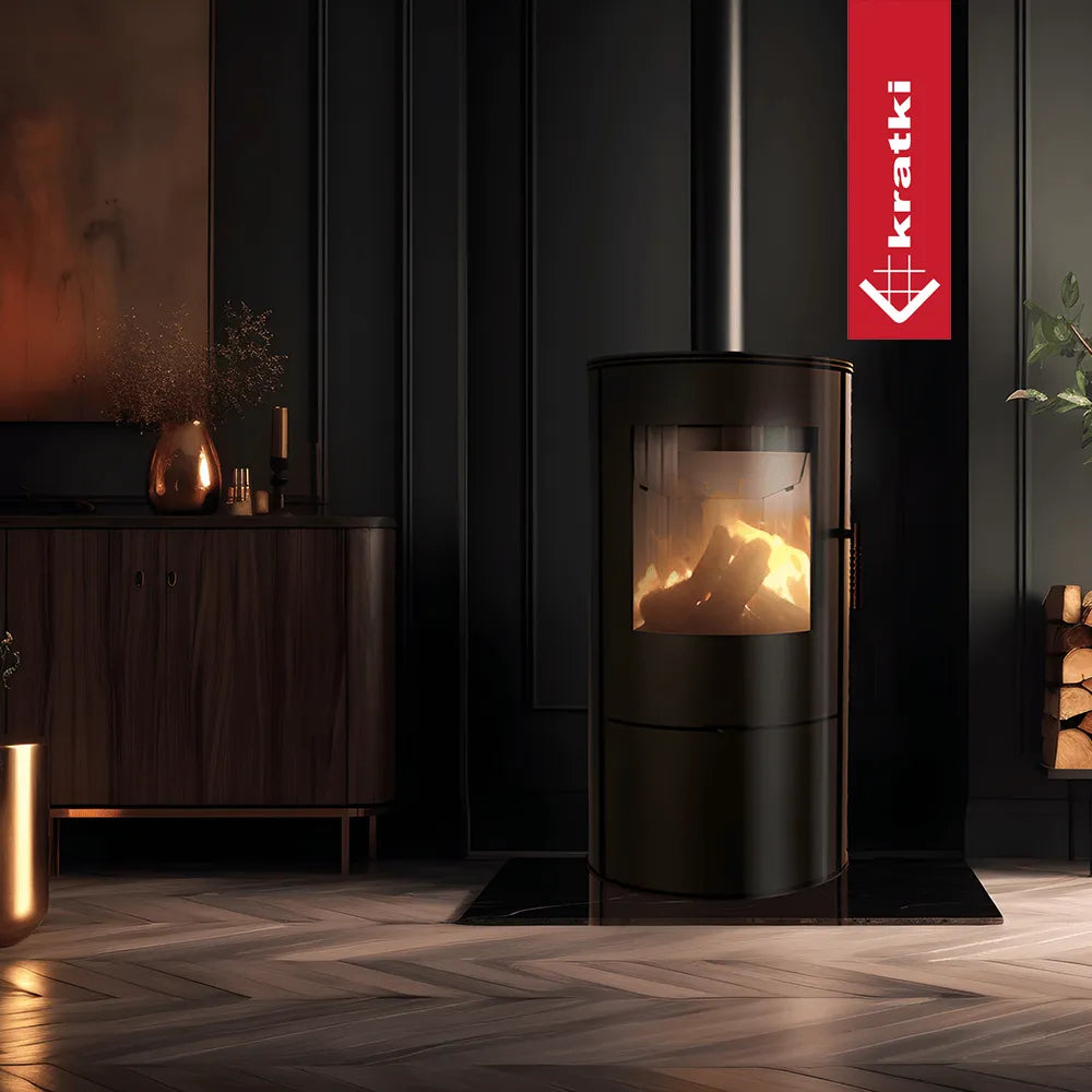 Kratki Rollo houtkachel in een stijlvol, modern interieur met donkere muren en houten vloer.