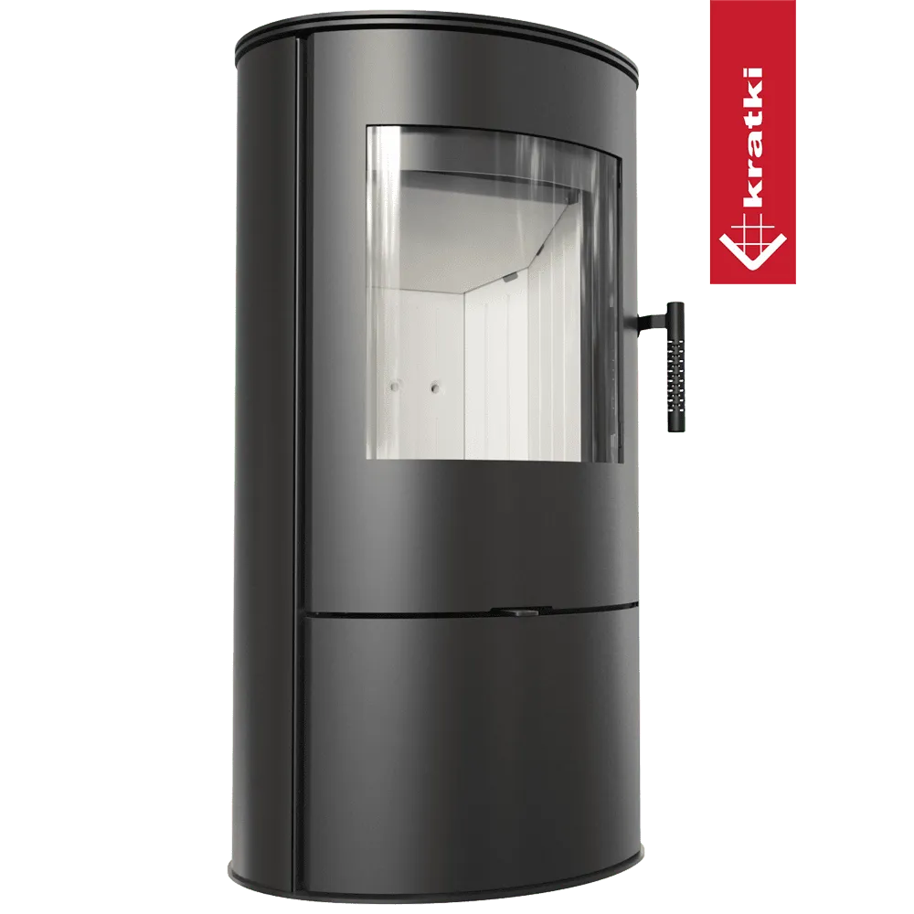 Zwarte, cilindervormige Kratki Rollo houtkachel met groot glazen venster en metalen handvat.
