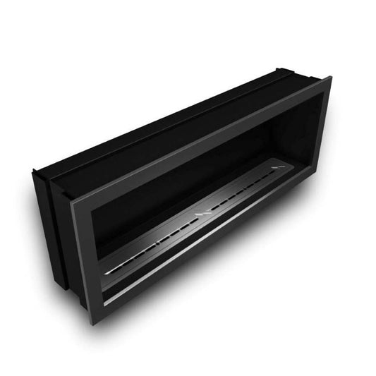 Icon Fires Slimline Firebox 1650 met Slimline 1400 Brander, zwarte inbouwhaard op witte achtergrond
