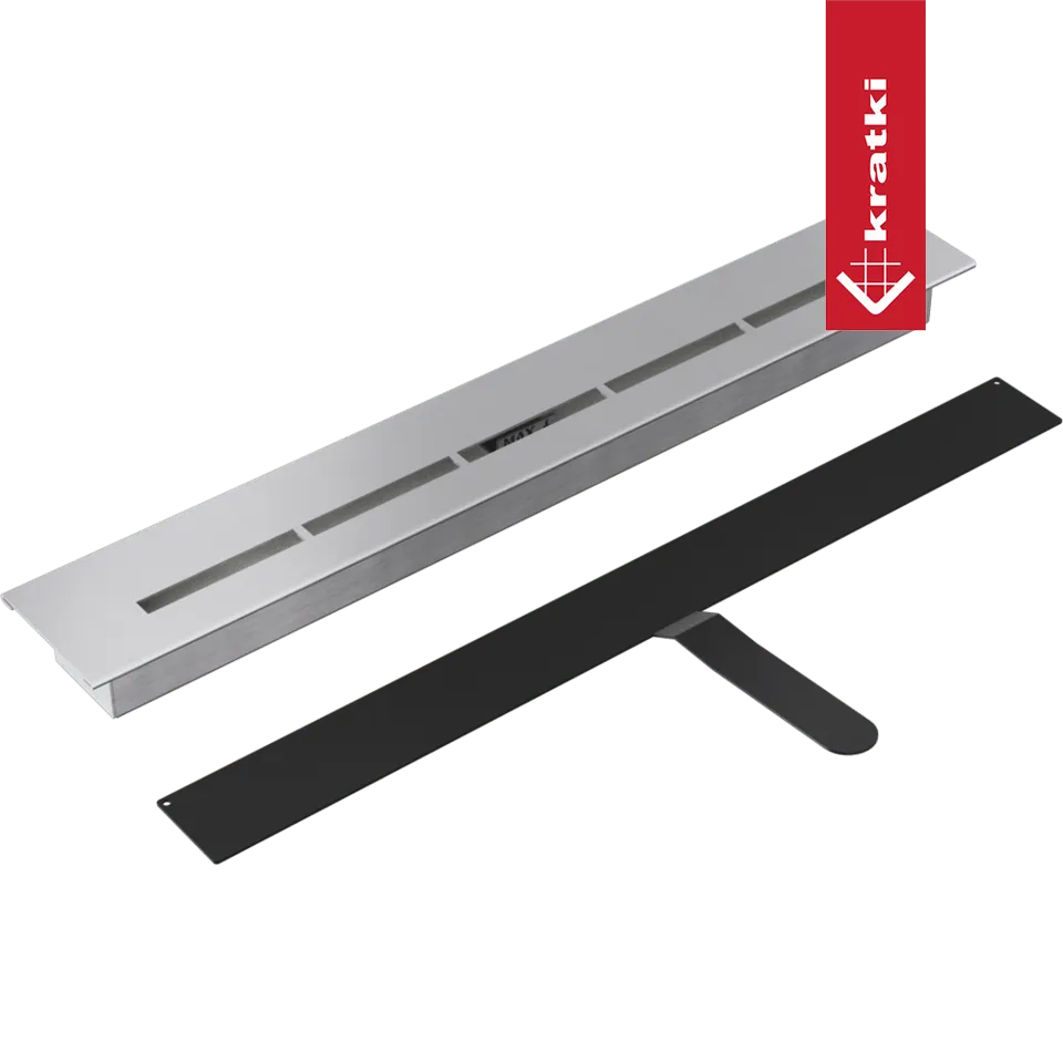 Kratki Delta2 Slim, een slanke, roestvrijstalen ventilatierooster met zwarte afdekstrip.