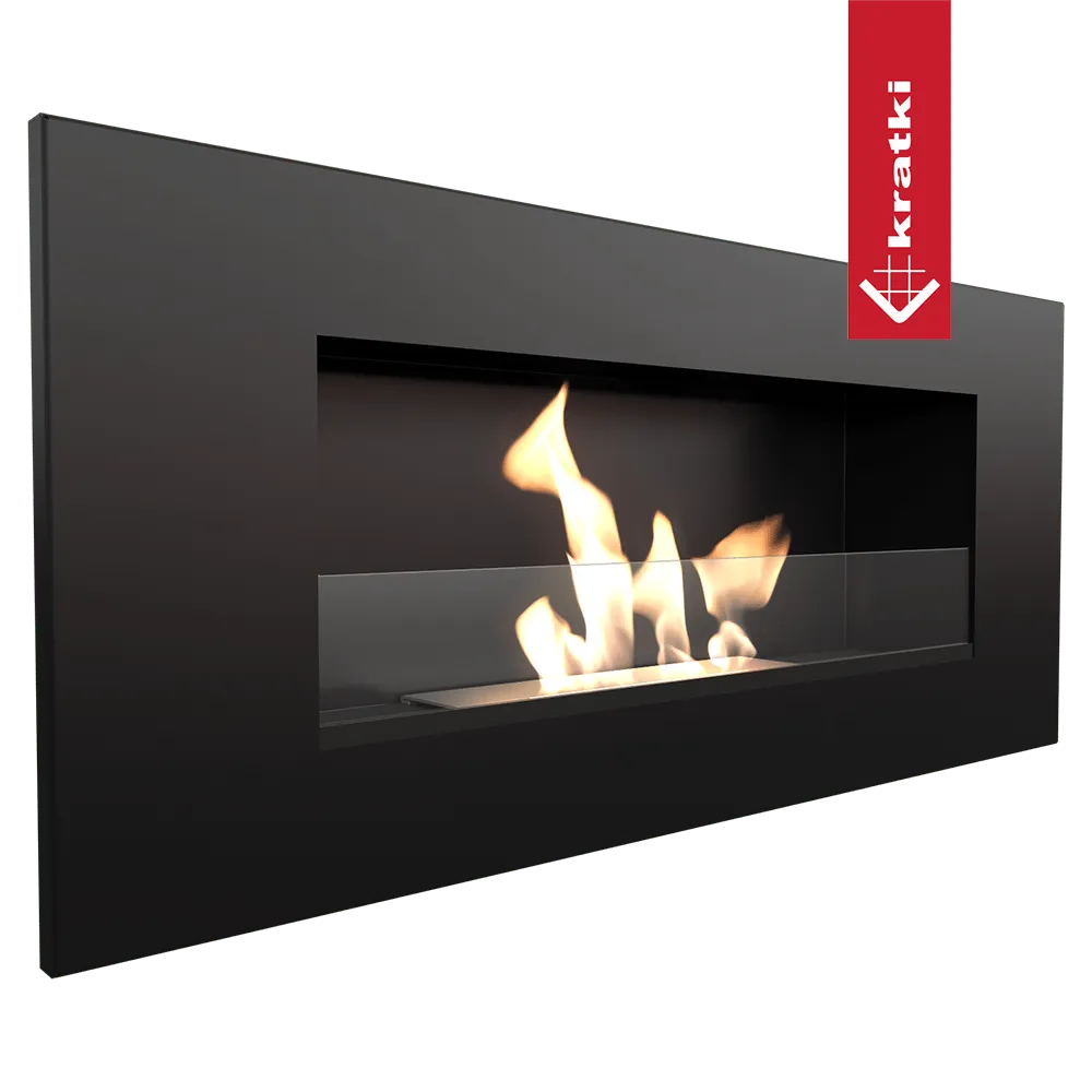 Zwarte Kratki Delta2 TÜV wandhaard met glazen scherm en brandende vlammen.