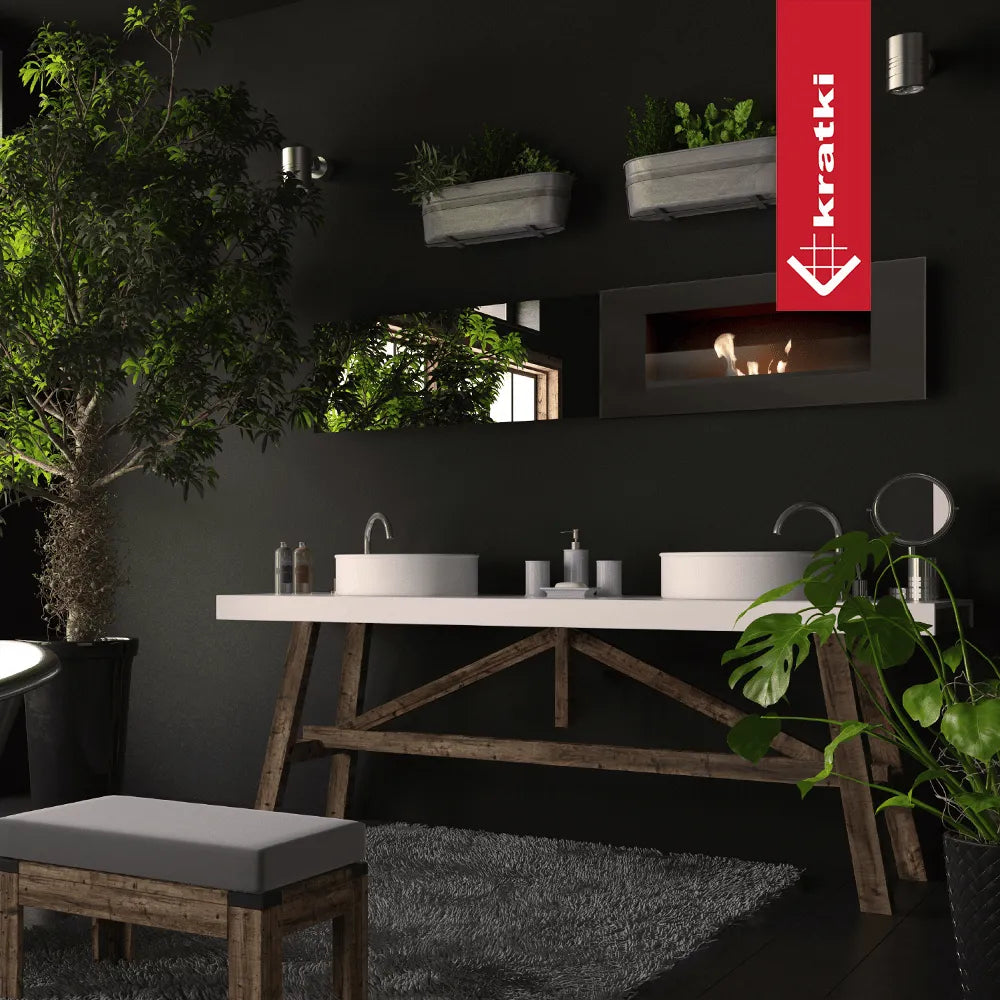 Moderne badkamer met Kratki Delta2 TÜV haard, planten en dubbele wastafel op houten onderstel.