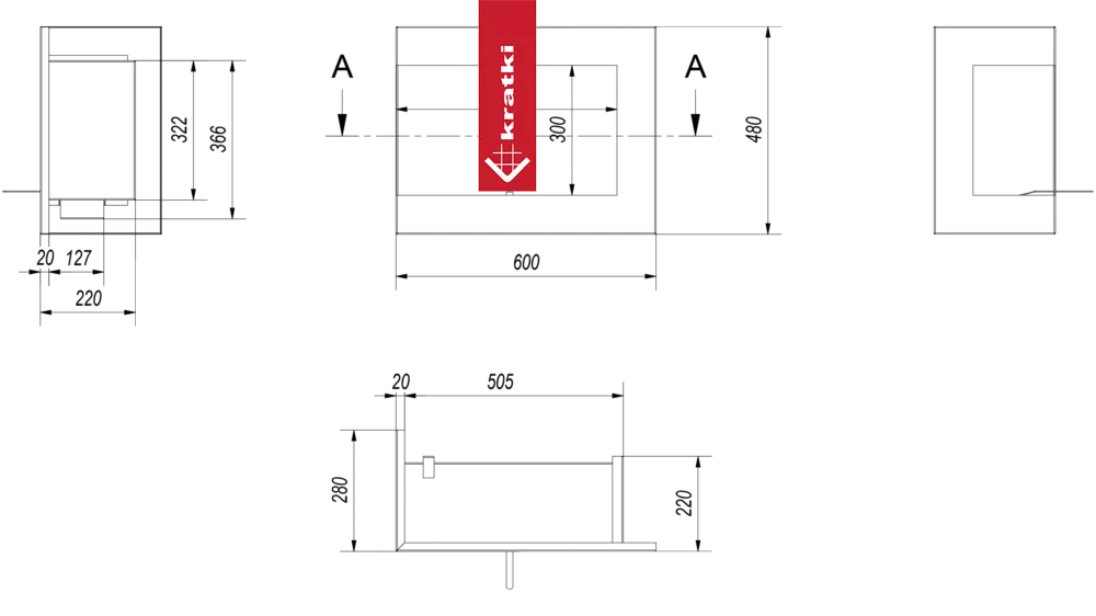 Technische tekening met afmetingen van de Kratki Delta Links TÜV haard.