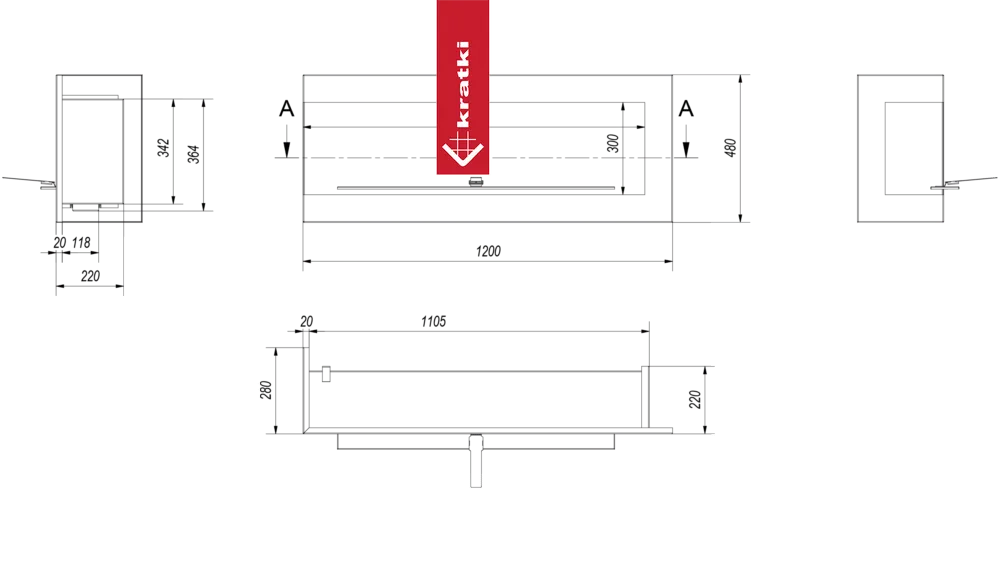 Technische tekening met afmetingen van de Kratki Delta Links TÜV haard.