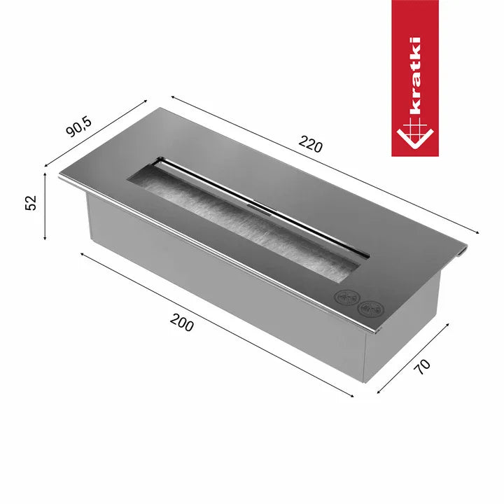 Kratki Golf TÜV bio-ethanol haard, rechthoekig ontwerp, roestvrij staal, afmetingen 220x90,5x52 mm.