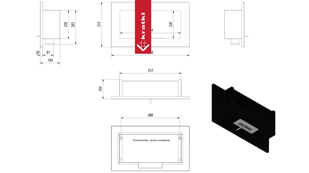 Technische tekening en afmetingen van de Kratki Golf TÜV inbouwhaard.