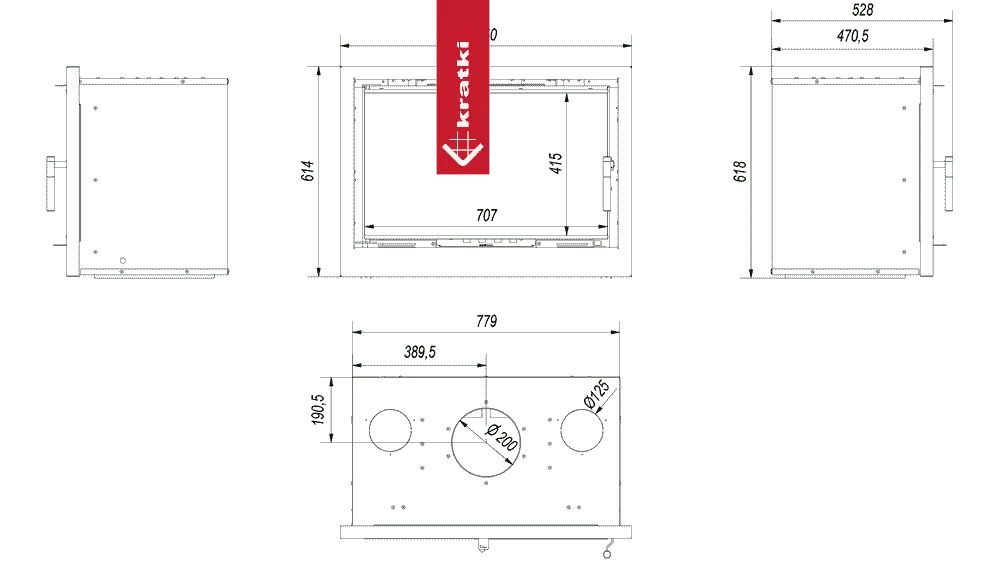 Technische tekening van Kratki Kaseta Arke 80 met gedetailleerde afmetingen en specificaties.