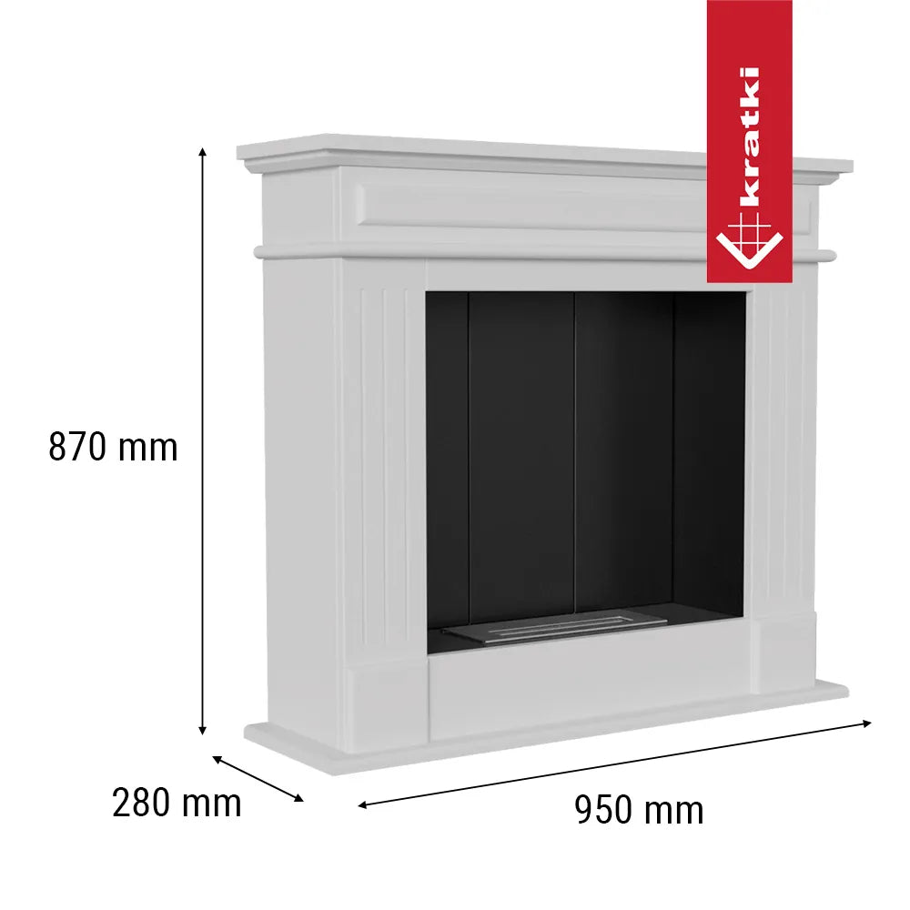 Kratki November Rechts TÜV, witte haard met afmetingen: 870 mm hoog, 950 mm breed, 280 mm diep.
