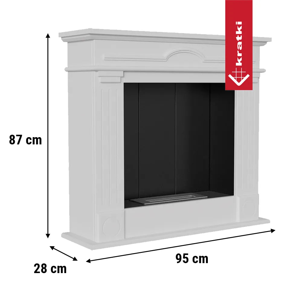 Kratki December Rechts TÜV, witte haard met afmetingen: 87 cm hoog, 95 cm breed, 28 cm diep.