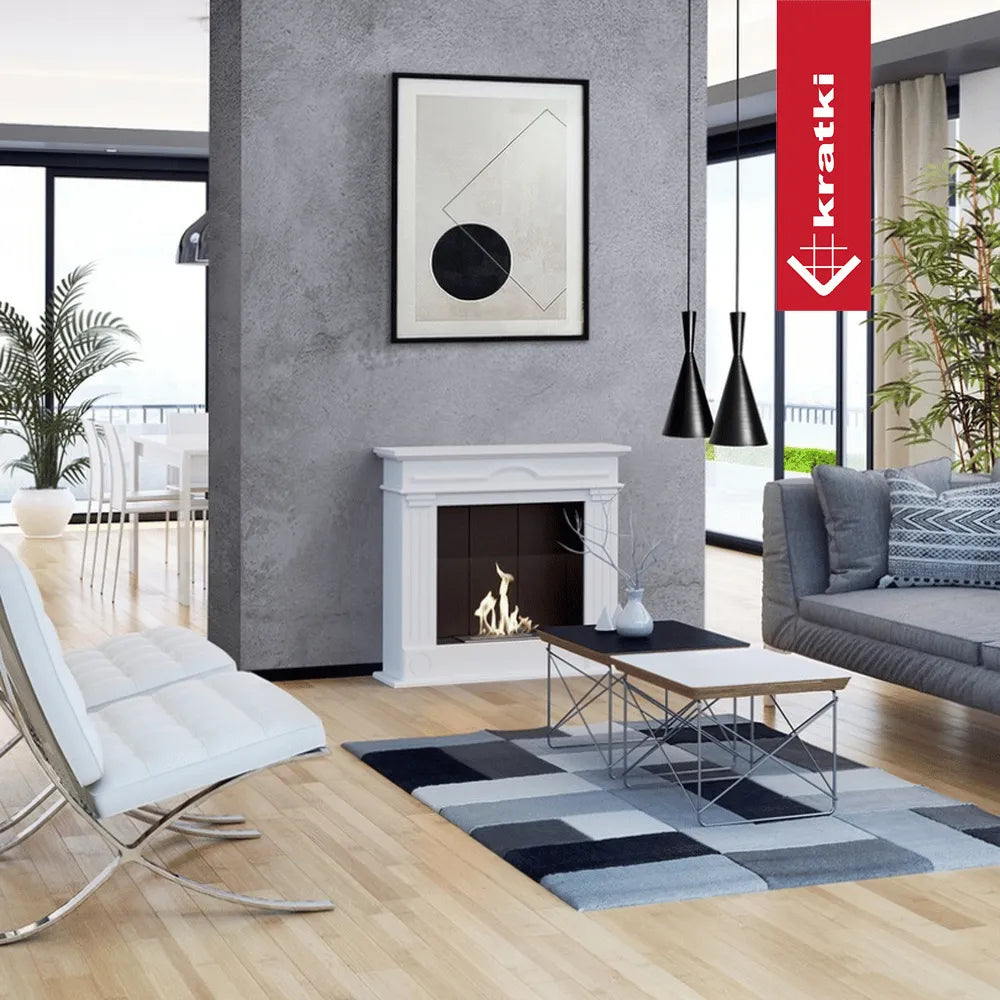 Moderne woonkamer met Kratki December Rechts TÜV haard, grijze muren en stijlvolle meubels.