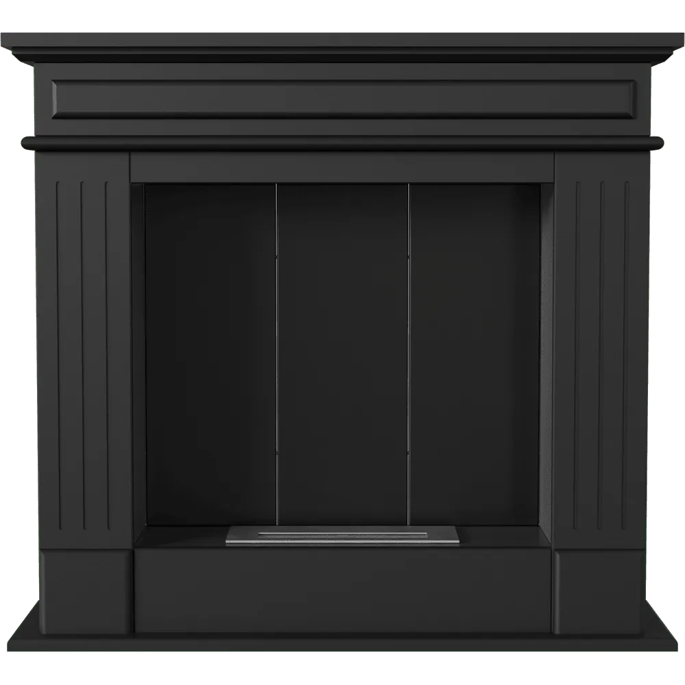 Zwarte, klassieke open haard Kratki November Rechts TÜV met rechte lijnen en decoratieve panelen.
