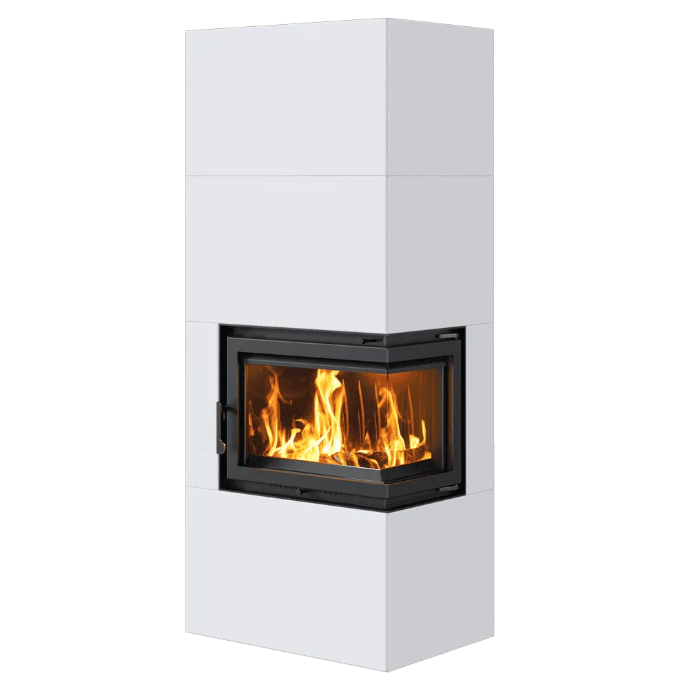 Witte haard Kratki Simple Box Rechts met hoekglas en brandend vuur.