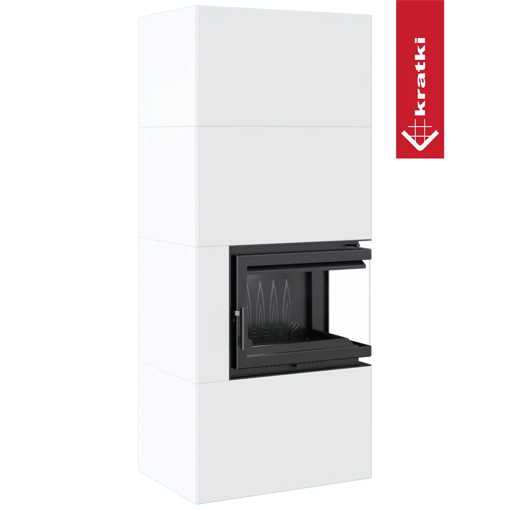 Witte haard Kratki Simple Box Rechts met zwart glazen deur en modern design.