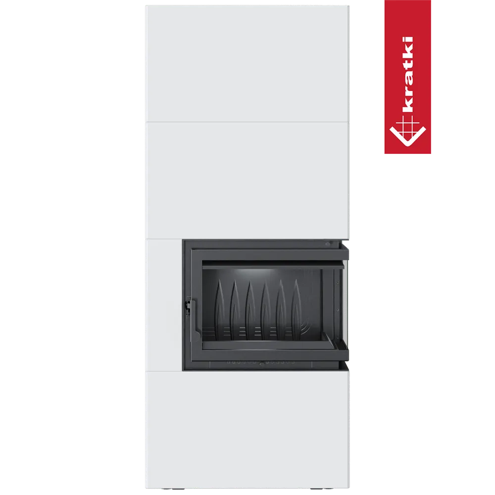 Kratki Simple Box Rechts, moderne witte haard met zwart glazen deur en strak ontwerp.
