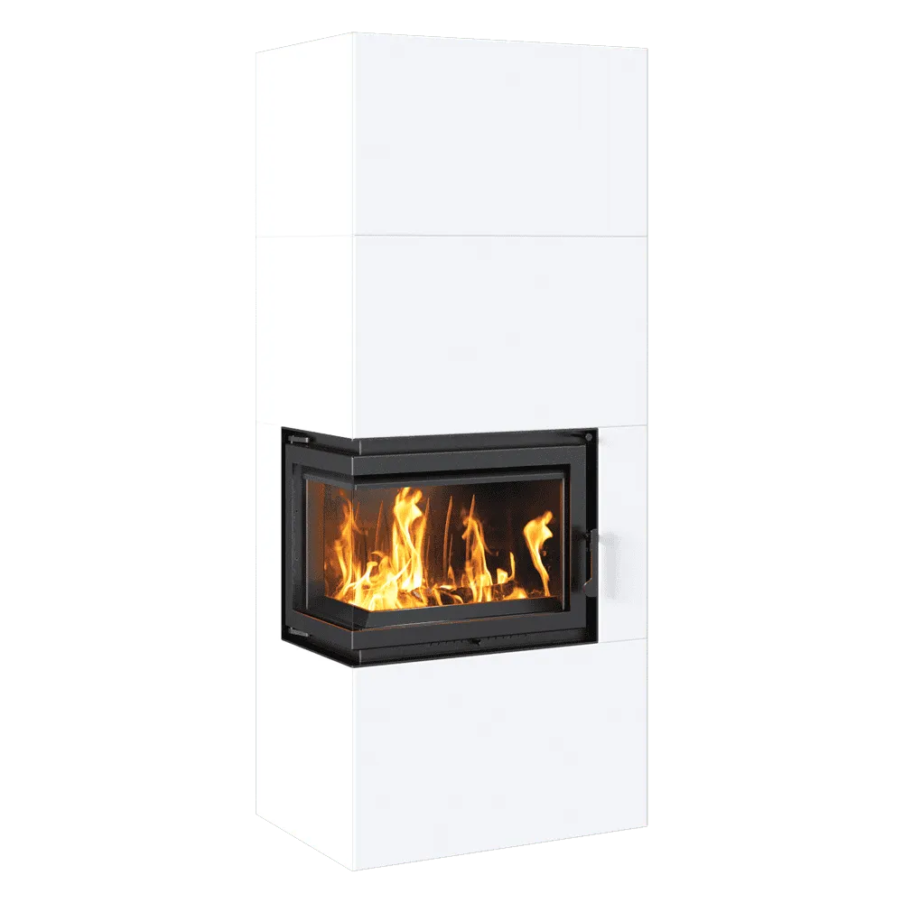 Witte Kratki Simple Box Links haard met hoekig glas en brandend vuur.