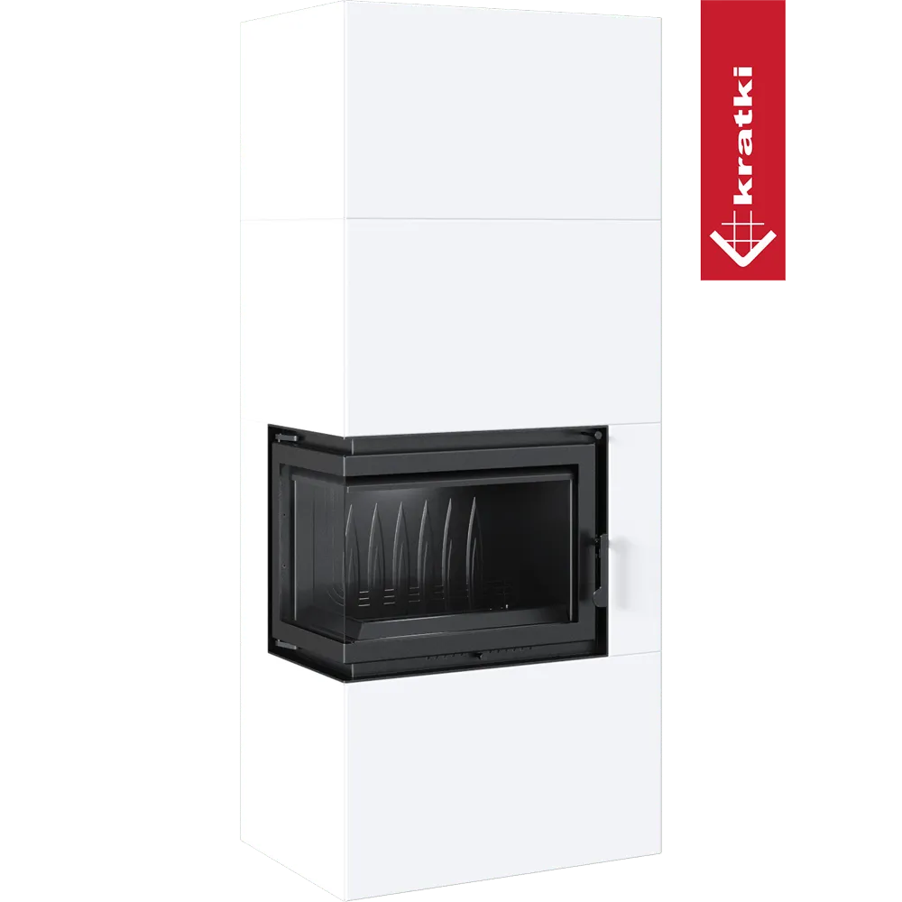 Witte Kratki Simple Box Links haard met zwart glazen deur en strak, modern ontwerp.