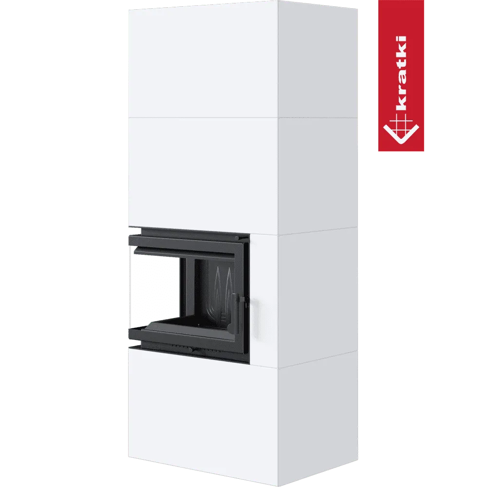 Kratki Simple Box Links, moderne witte haard met zwarte deur en strak design.