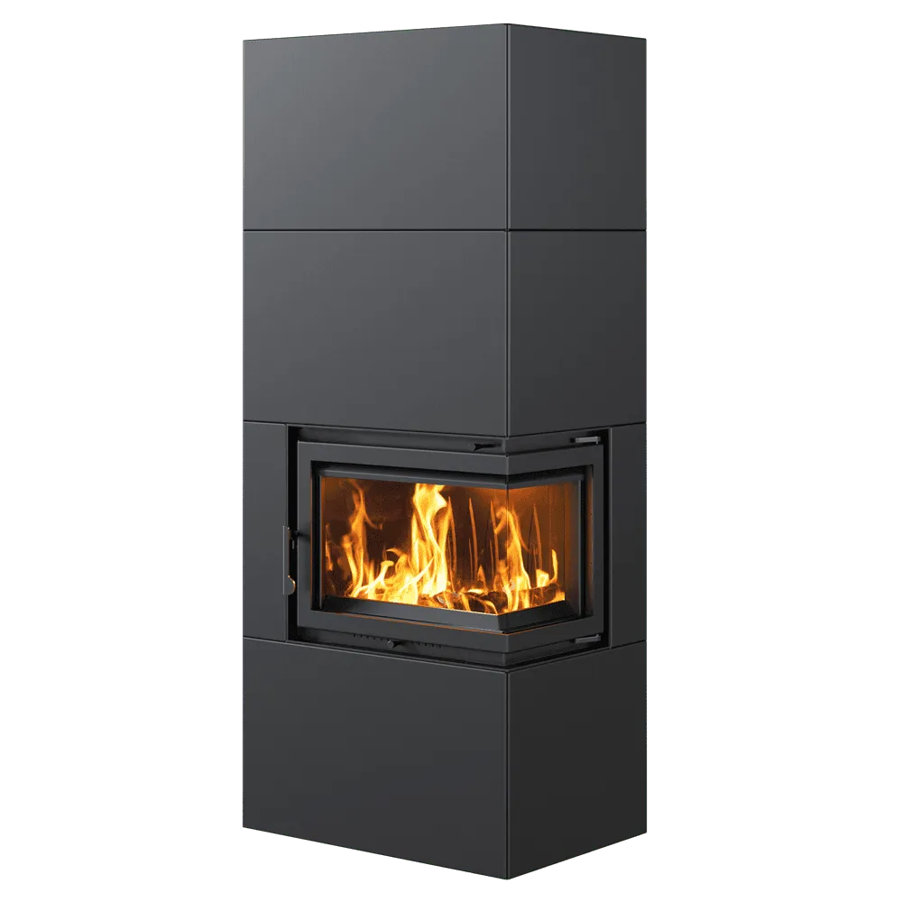 Kratki Simple Box Rechts, moderne zwarte haard met hoekglas en brandend vuur.